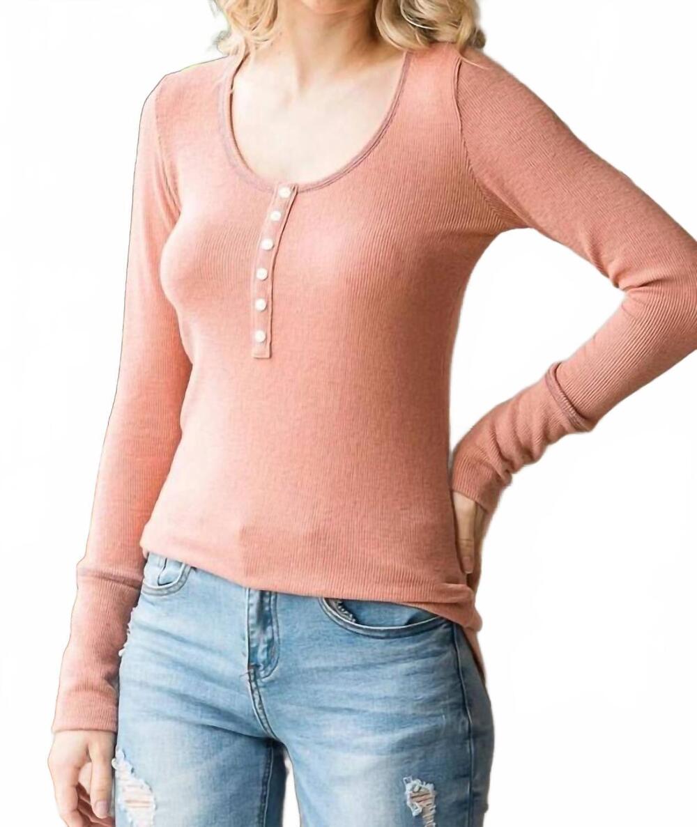 NEW 7TH RAY women's ribbed button front long sleeve top in peach